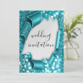 結婚の3Dカート効果銀エレガントティール（緑がかった色）グリッター 招待状 (スタンド正面)