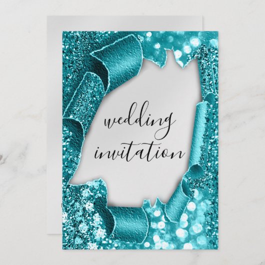 結婚の3Dカート効果銀エレガントティール（緑がかった色）グリッター 招待状 (正面/裏面)