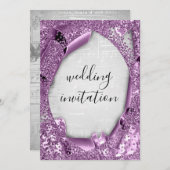 結婚の3D効果シルバーグレーパープルミュージック 招待状 (正面/裏面)