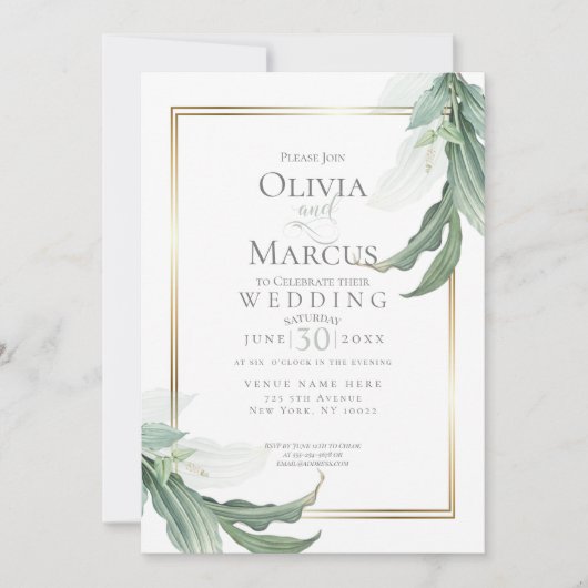 結婚の |ほこりっぽいエレガント緑の熱帯植物 招待状 (正面)