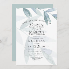 結婚の |ほこりっぽいブルーウォーターカラーユーカリ葉の 招待状