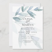 結婚の |ほこりっぽいブルーウォーターカラーユーカリ葉の 招待状 (正面)