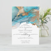 結婚の |アクアモダンと金ゴールドのマーブルインク 招待状 (スタンド正面)