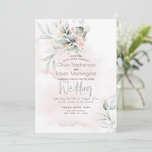 結婚の |ウッドランド緑淡い色の色ピンクのバラ 招待状 (スタンド正面)