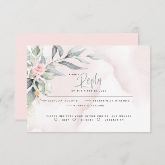 結婚の |ウッドラ素朴ンドピンクフローラスプレー 出欠カード (正面/裏面)