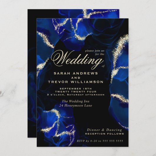 結婚の |エキゾチック王室のブルーアルコールインク招待状 招待状 (正面/裏面)