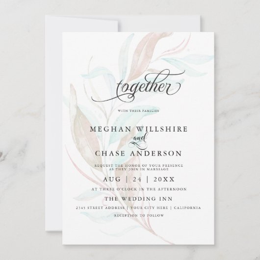 結婚の |コーラル淡い色のティール（緑がかった色）の水色の葉 招待状 (正面)