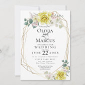 結婚の |サニーイエロー牡丹の水色の花 招待状 (正面)