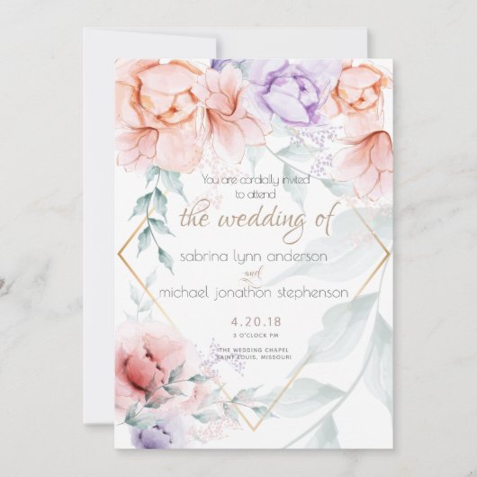 結婚の |シックなトレンディーコーラルと薄紫アクアレル 招待状 (正面)