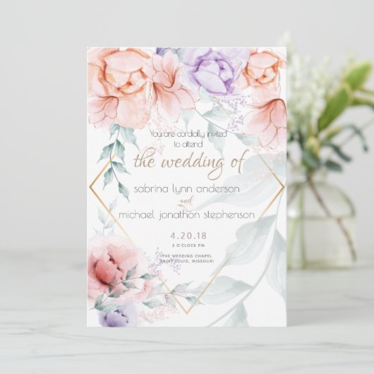 結婚の |シックなトレンディーコーラルと薄紫アクアレル 招待状 (スタンド正面)