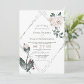 結婚の |シルバーフレーム淡い色のピンクの水彩バラ 招待状 (スタンド正面)