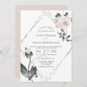結婚の |シルバーフレーム淡い色のピンクの水彩バラ 招待状 (正面/裏面)