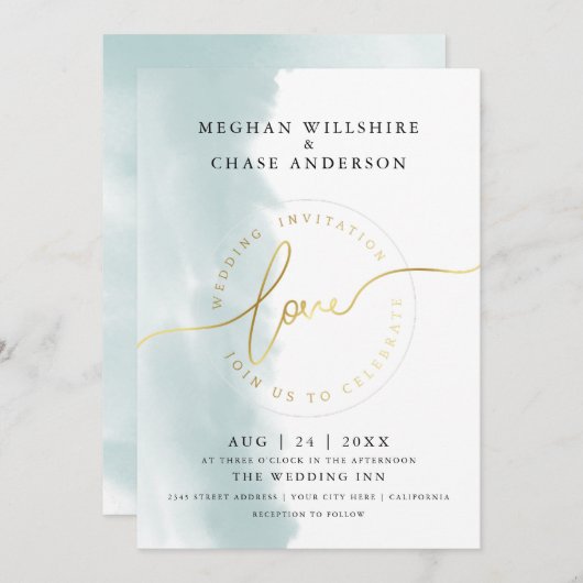 結婚の |ティール(緑がかった色)グリーンウォーター色 招待状 (正面/裏面)