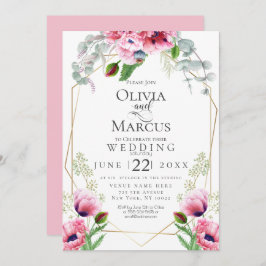 結婚の |ピンクのケシと葉 招待状