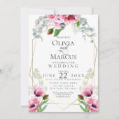 結婚の |ピンクのケシと葉 招待状 (正面)