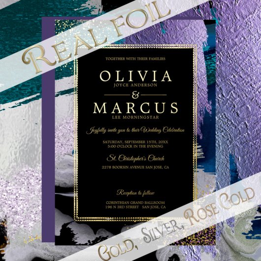 結婚の |メタリックピーコックティール(緑がかった色)ブラシストローク 箔招待状