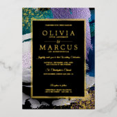 結婚の |メタリックピーコックティール(緑がかった色)ブラシストローク 箔招待状 (正面)