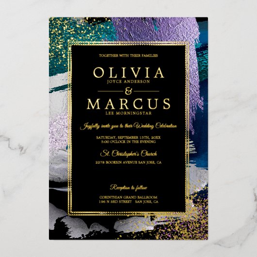結婚の |メタリックピーコックティール（緑がかった色）ブラシストローク 箔招待状 (正面)