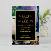 結婚の |メタリックピーコックティール(緑がかった色)ブラシストローク 箔招待状 (立ち正面)