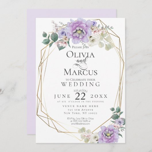 結婚の |ラベンダー水色フローラ幾何学模様 招待状 (正面/裏面)