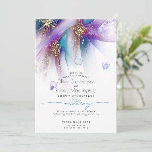 結婚の |印象的なティール（緑がかった色）パープル抽象芸術 招待状 (スタンド正面)