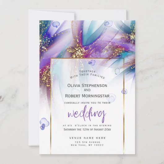 結婚の |印象的なティール（緑がかった色）紫の抽象芸術花 招待状 (正面)