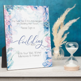 結婚の |建物ブロック青ピンク牡丹 フォトプラーク