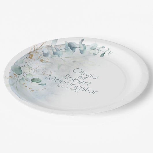 結婚の 愛の月の上のほこりっぽい青 ペーパープレート (アングル)