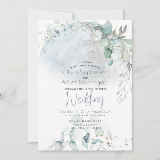 結婚の 愛の月の上のほこりっぽい青 招待状 (正面)