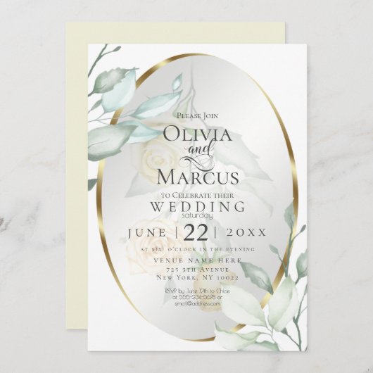 結婚の |楕円形の水彩アイボリー黄色赤面バラ 招待状 (正面/裏面)