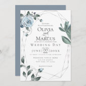 結婚の |水彩ほこりっぽい青フローラ 招待状 (正面/裏面)