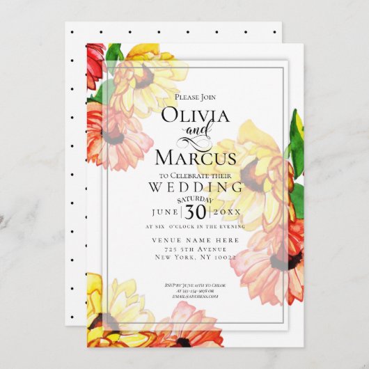 結婚の |水彩黄赤ガーベラデイジー 招待状 (正面/裏面)