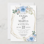 結婚の |牡丹の水色の花 招待状 (正面)