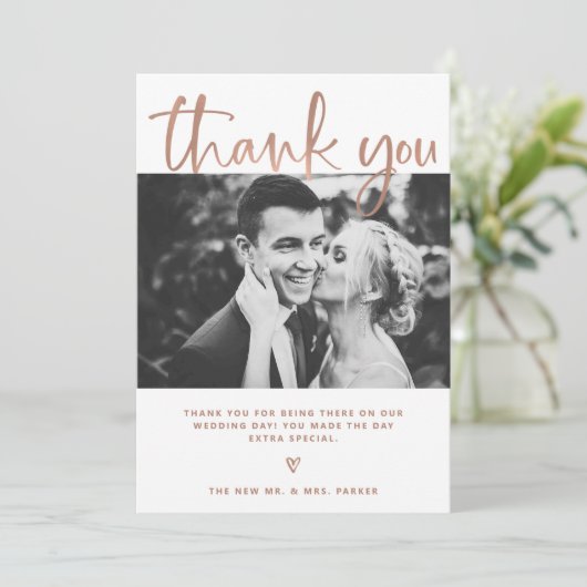 〜結婚の|白エレガントとバラの金ゴールドと写真 サンキューカード (スタンド正面)