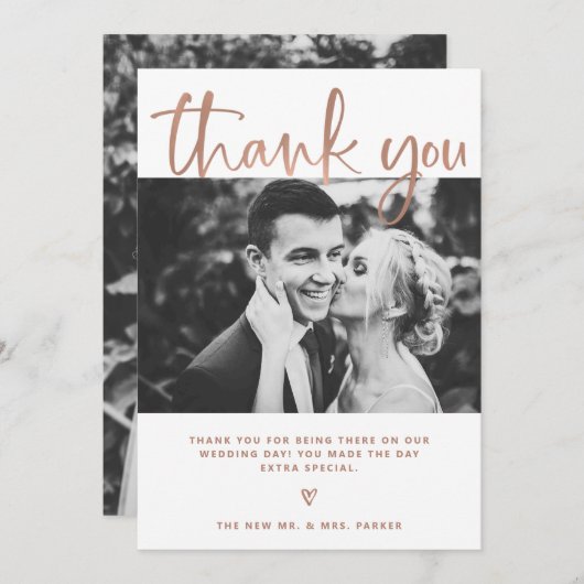 〜結婚の|白エレガントとバラの金ゴールドと写真 サンキューカード (正面/裏面)