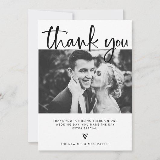 〜結婚の|白エレガント黒と写真付き サンキューカード (正面)