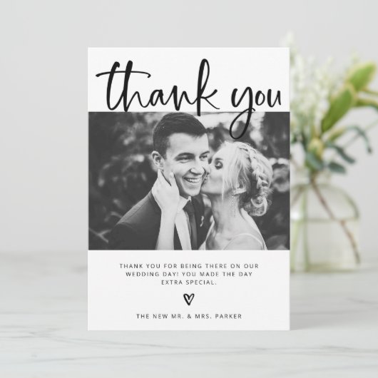 〜結婚の|白エレガント黒と写真付き サンキューカード (スタンド正面)