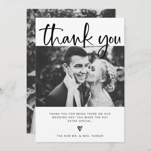 〜結婚の|白エレガント黒と写真付き サンキューカード (正面/裏面)