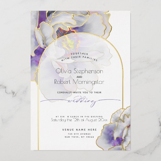 結婚の |紫素晴らし牡丹 箔招待状 (正面)