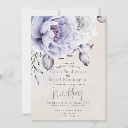 結婚の |薄紫素朴とアラバスター牡丹フローラ 招待状 (正面)