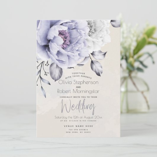 結婚の |薄紫素朴とアラバスター牡丹フローラ 招待状 (スタンド正面)