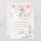 結婚の |赤面ピンクウォーター色フローラバラ 招待状 (正面)