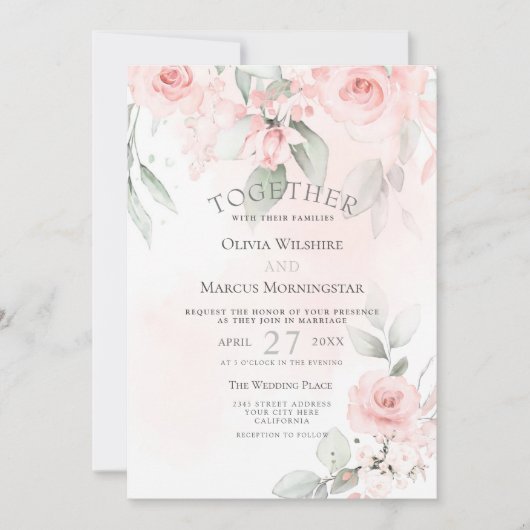 結婚の |赤面ピンクウォーター色フローラバラ 招待状 (正面)