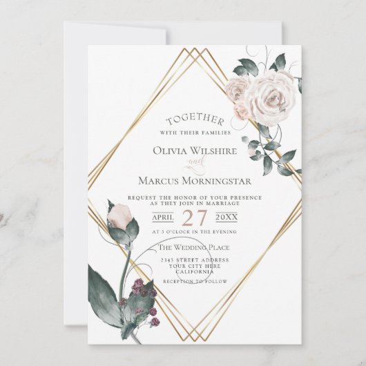 結婚の |金ゴールドフレーム淡い色のピンク色のバラ 招待状 (正面)