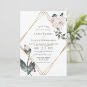 結婚の |金ゴールドフレーム淡い色のピンク色のバラ 招待状 (スタンド正面)