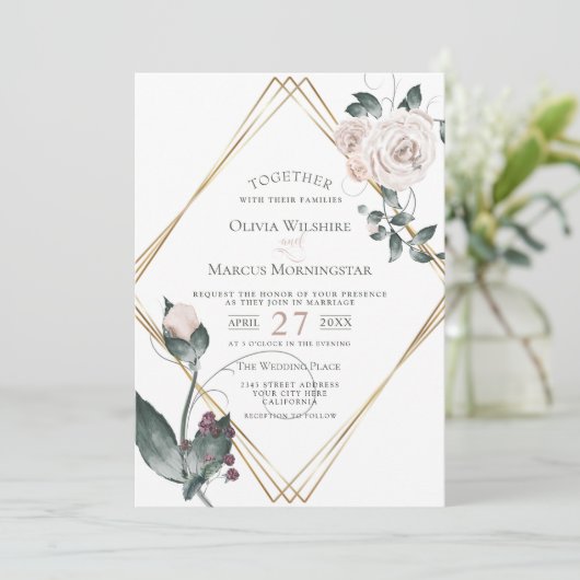 結婚の |金ゴールドフレーム淡い色のピンク色のバラ 招待状 (スタンド正面)