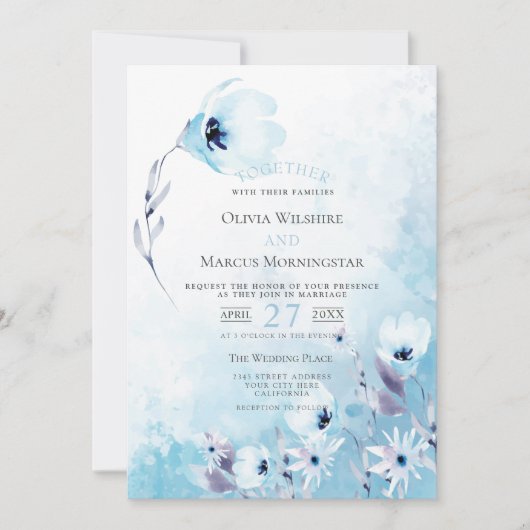 結婚の |青い淡い色の水彩のアネモネガーデン 招待状 (正面)