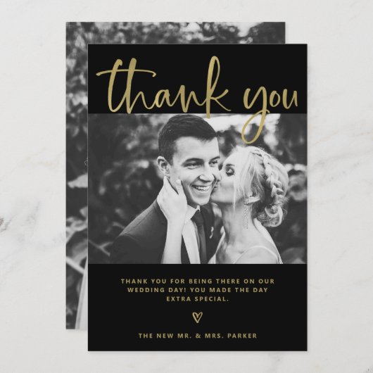 〜結婚の|黒とエレガント金ゴールド（写真付き） サンキューカード (正面/裏面)