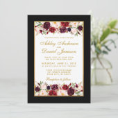 結婚のBurgundyエレガントフローラ黒金ゴールド写真 招待状 (スタンド正面)