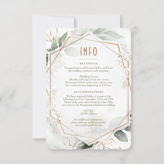 結婚のINFOと詳細金ゴールドの挿入と緑 招待状 (正面)